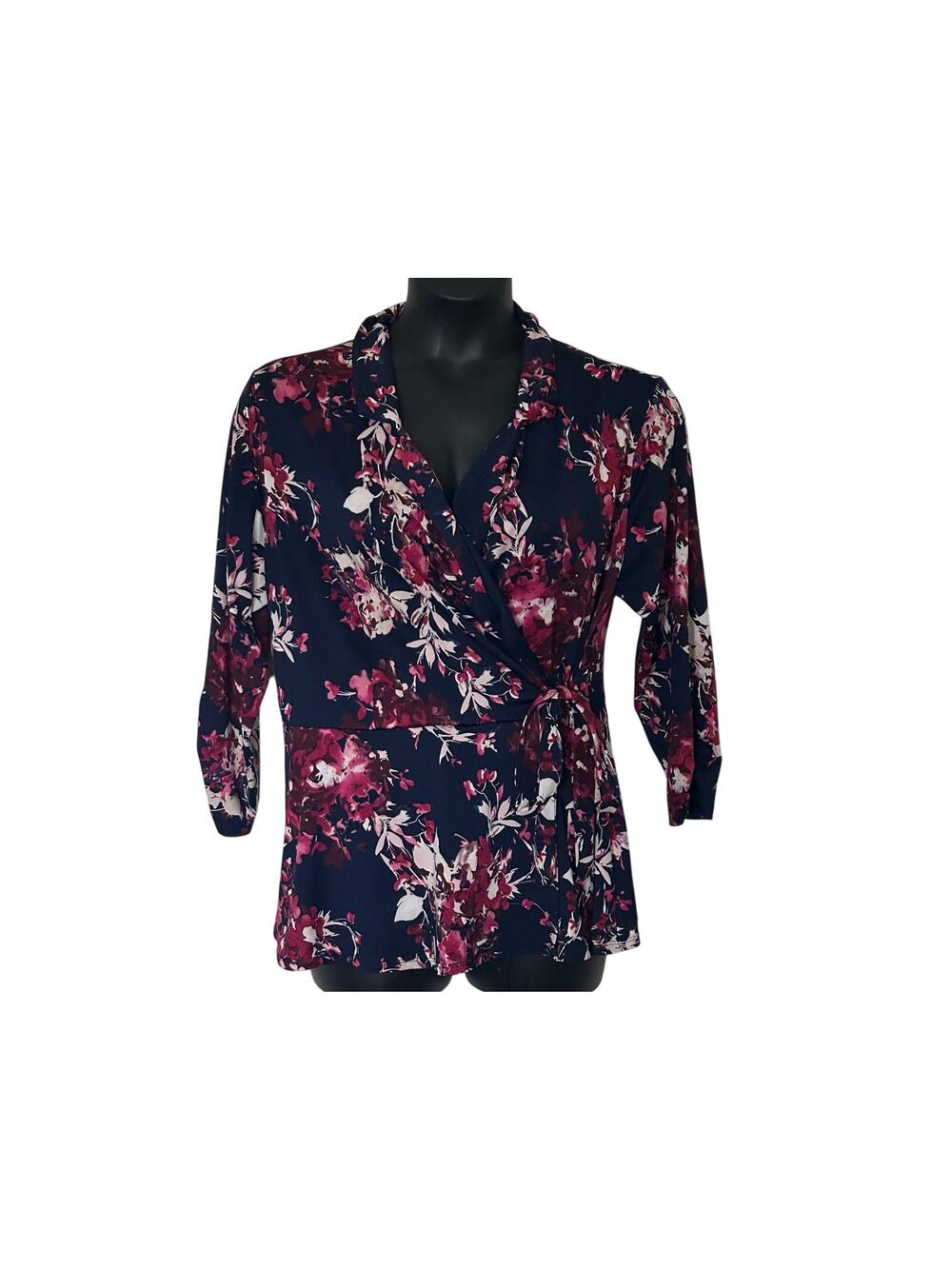 Women’s Navy Floral Faux Wrap Print Top 3/4 Sleeve Tie V-Neck Career Tunic